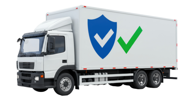 Isolated Delivery Truck with Shield and Checkmark