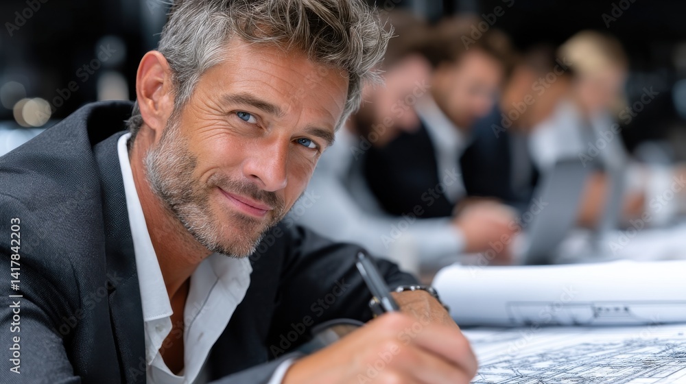 Aufkleber a man in a suit is smiling and writing on a piece of paper
