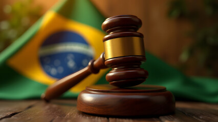 Jatobá gavel with gold over Brazilian flag. Tropical legal symbolism with warm lighting.