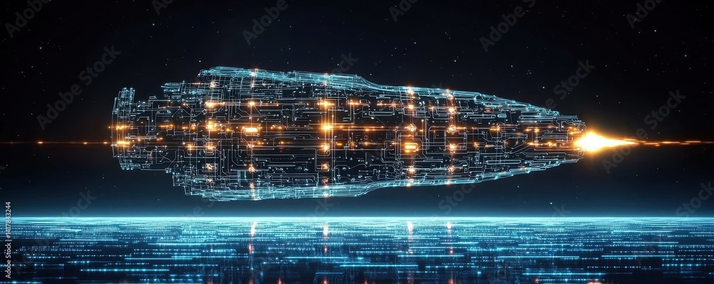 Poster a futuristic spaceship, designed with intricate digital patterns, propels through space, emitting a 