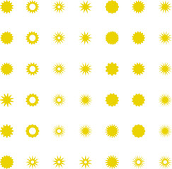 Sun icon set. Yellow sun star icons or logo collection. Summer, sunlight, sunset, sunburst.