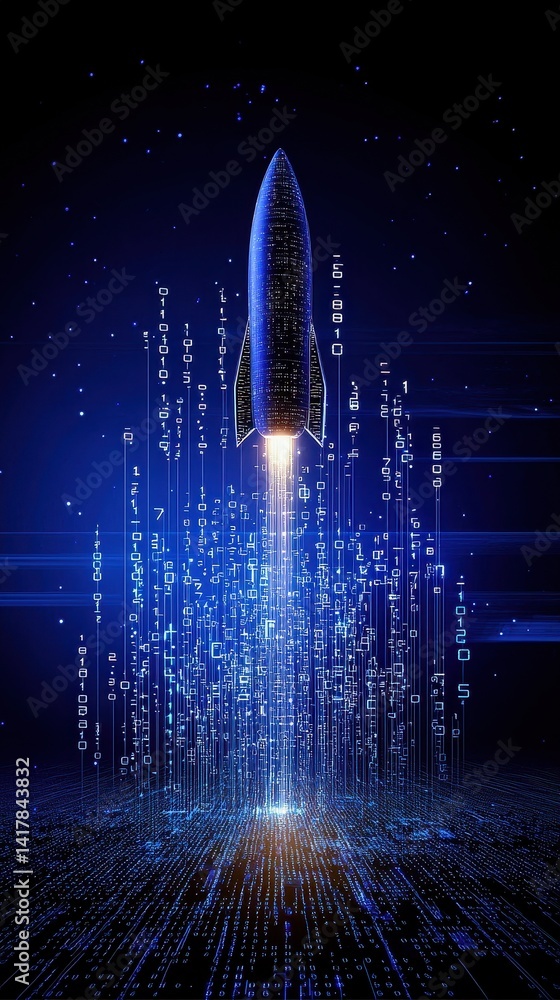 Poster a futuristic rocket launches from a digital landscape filled with glowing binary code, symbolizing i