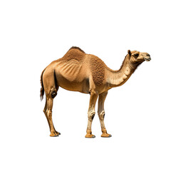 High-resolution detailed image of a camel standing in profile view isolated on white background showcasing its unique hump, long neck, and distinctive facial features