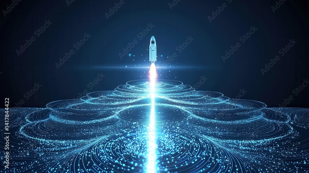 Poster a digital illustration of a rocket launching into space, with vibrant blue trails and circular patte