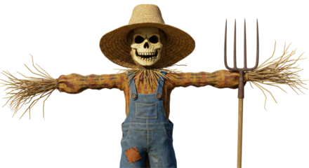 Isolated Creepy Scarecrow With Straw Hat Holding Pitchfork