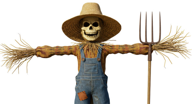scary scarecrow with skull face and pitchfork clip art preview