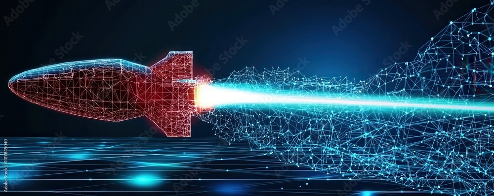 Poster a digital rendering of a futuristic rocket, depicted with a wireframe design and a glowing trail, sy
