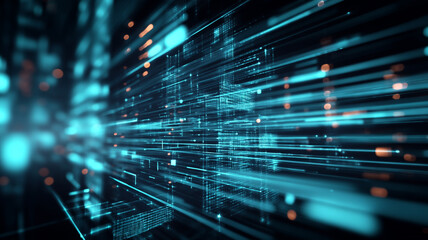 3D abstract render of a high-tech digital environment with glowing cyan data lines and block structures, evoking the feel of a futuristic city or cyber network in motion.