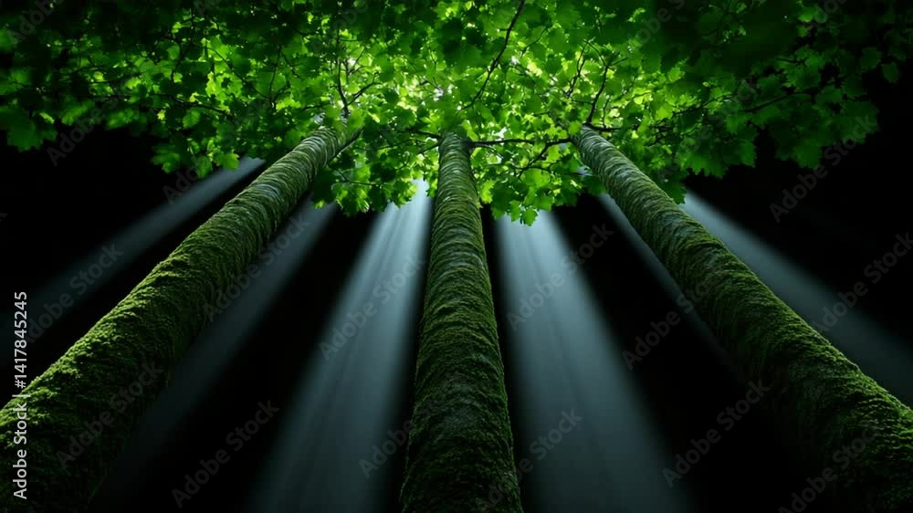 Poster sunlight filtering through lush green leaves of tall trees creating a serene forest environment