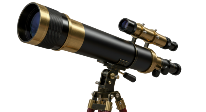 Isolated Vintage Brass Telescope on Tripod for Astronomy