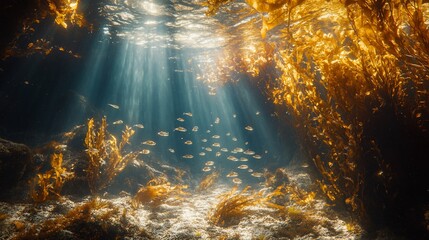 Sunlight beams through kelp forest, illuminating small fish underwater