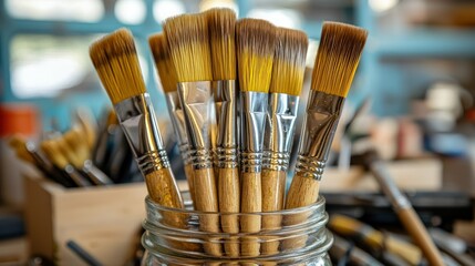 Fototapeta premium Paintbrushes in mason jar, craft workshop, tools in background