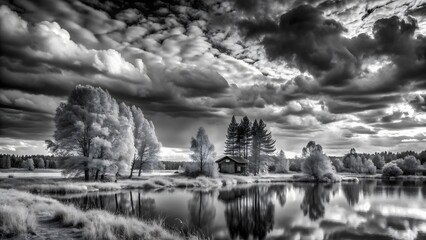 Infrared Landscape with Trees and Clouds
