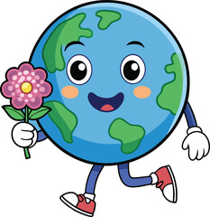 Obraz premium Cute Earth character with flower, celebrating nature., Earth Day vector illustration for posters, banners, prints, and web in a modern cartoon flat style.