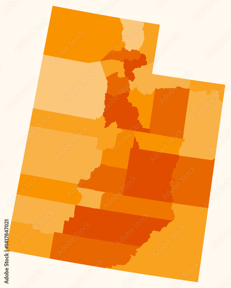 Poster map of utah with counties. just a simple state border map with county division. orange color palette