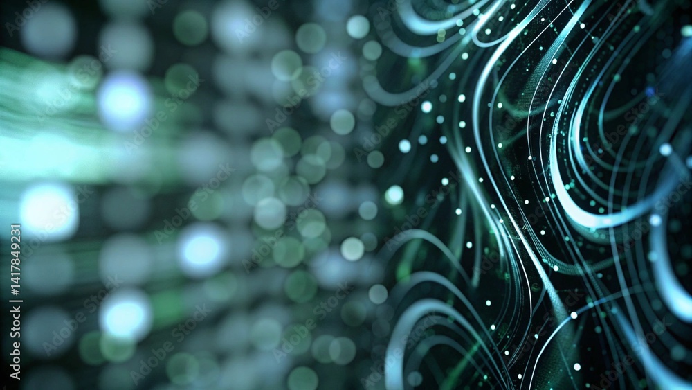 Poster A digital data stream background with abstract elements in green and blue tones, showcasing futuristic technology, network flow, and virtual connections in a vibrant digital landscape