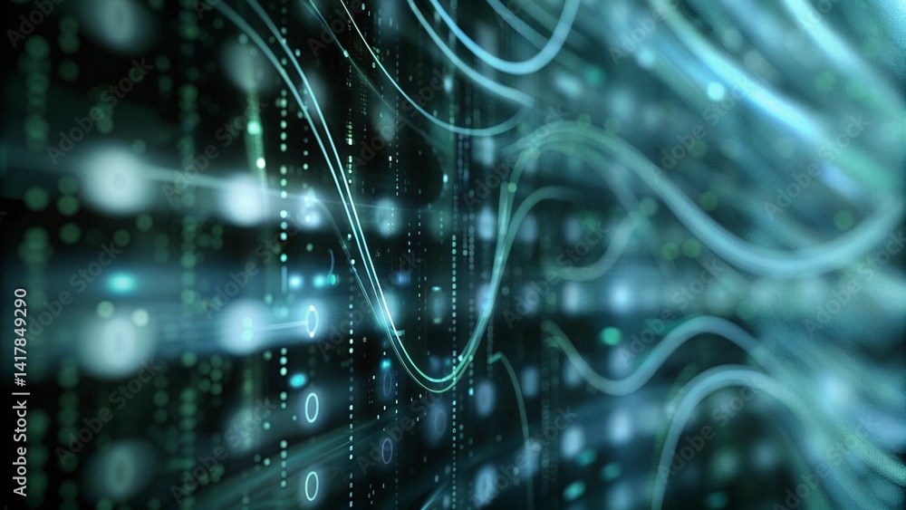 Poster A digital data stream background with abstract elements in green and blue tones, showcasing futuristic technology, network flow, and virtual connections in a vibrant digital landscape