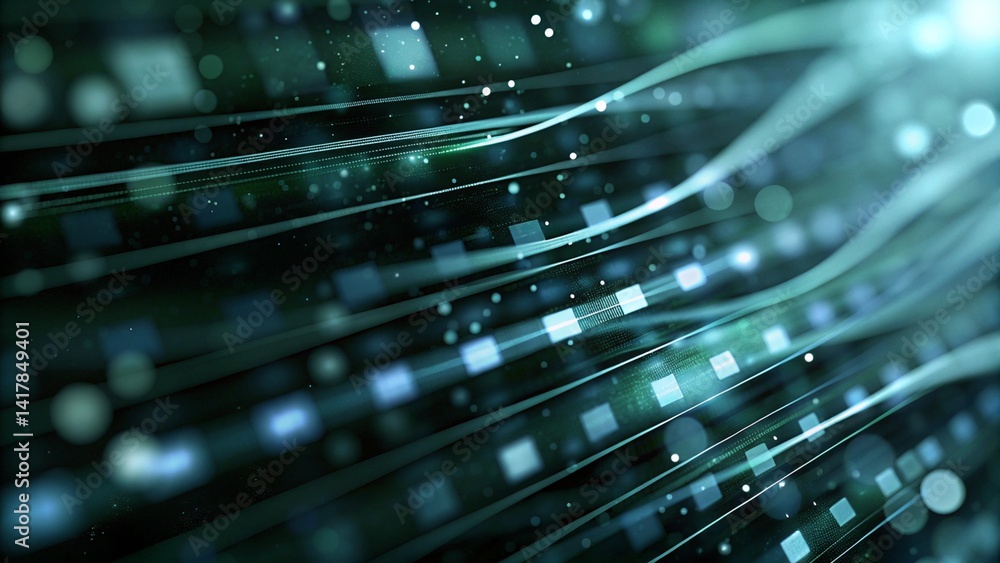 Poster a digital data stream background with abstract elements in green and blue tones, showcasing futurist