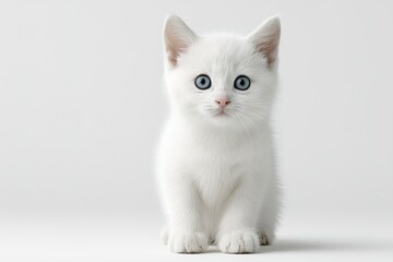 Obraz premium Cute white kitten with blue eyes sitting calmly on a plain background, showcasing its adorable features and playful demeanor
