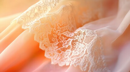 Fototapeta premium Close-up of intricate lacework on a Victorian gown, softly contrasted against a faded pink background