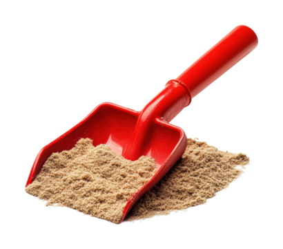 Scooping sand with red shovel product clean isolated on transparent background