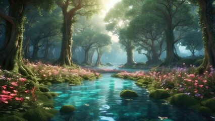 Obraz premium a close up of a pathway in a forest with flowers, fantasy forest landscape, fantasy forest background, magical fantasy forest,