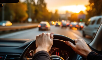 Naklejka premium Driver's hands on steering wheel, highway at sunset