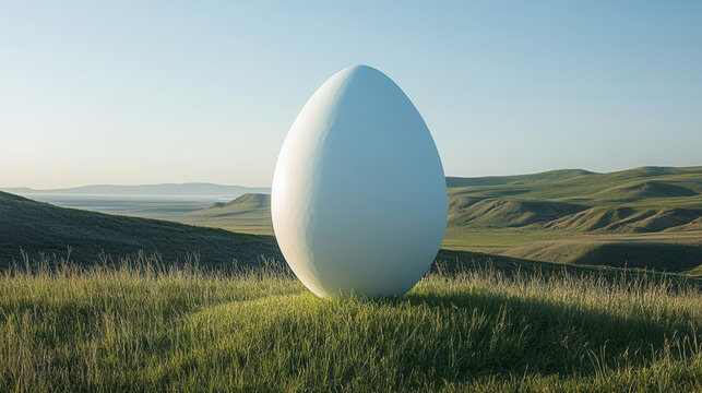 Giant White Egg on Grassy Hillside Under Blue Sky