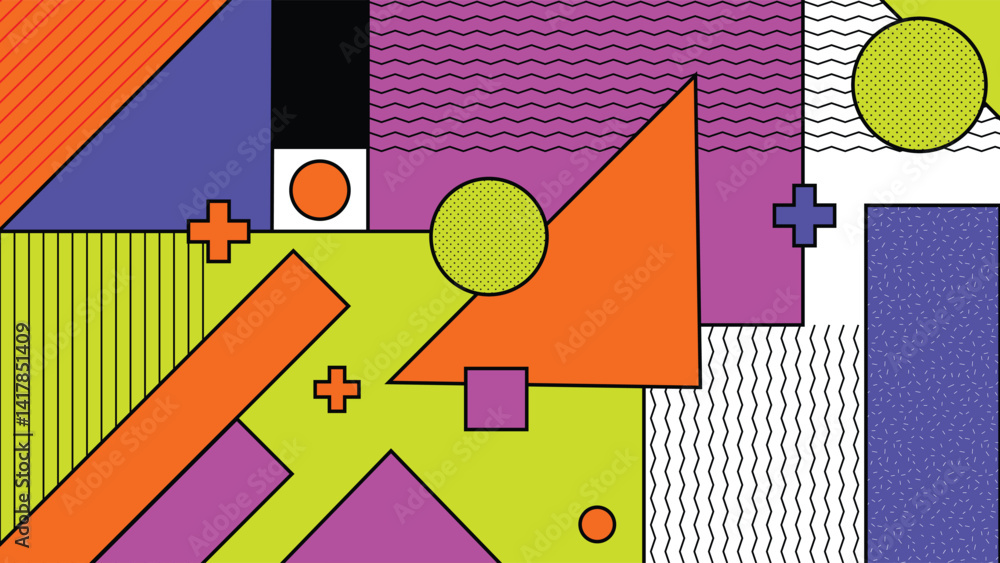 Poster bright geometric abstract art featuring sharp shapes and vibrant color blocks in a retro modern layo