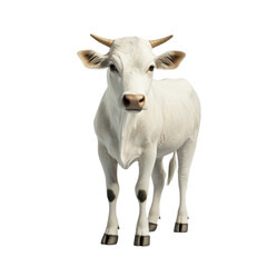 Realistic White Cow with Horns Standing on Farm Background