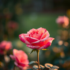 Fototapeta premium Elegant pink rose with delicate white edges blooming in a soft garden setting