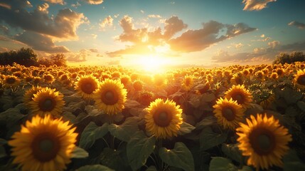 Fototapeta premium Sunset over a vast sunflower field