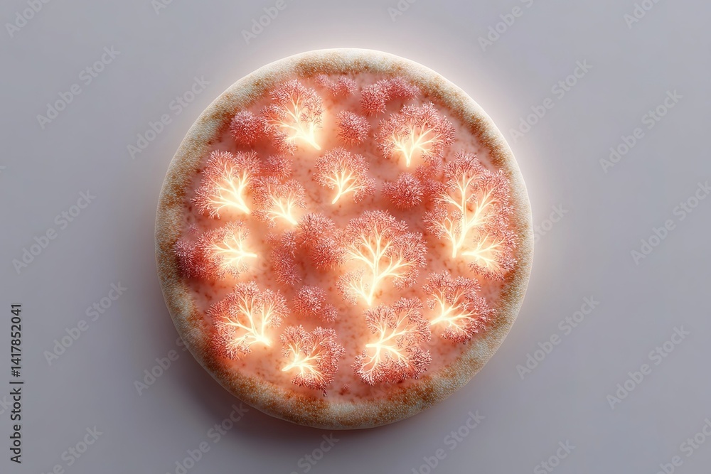 Poster unique pizza creation featuring glowing tree-like structures on top in an imaginative food art displ
