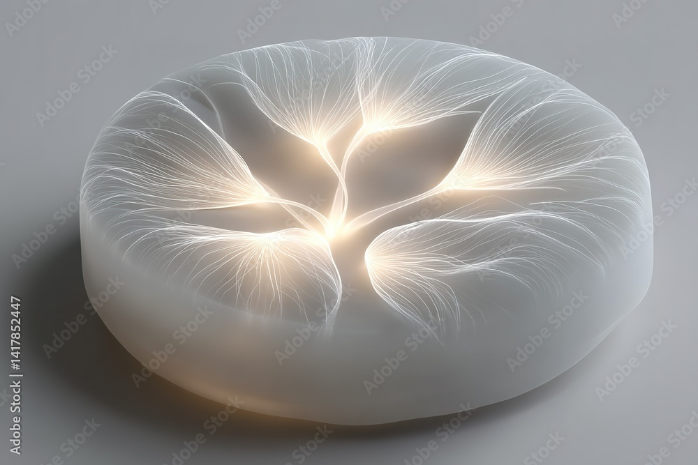 Poster unique luminous tree design in a soft, circular shape showcasing intricate details and glowing roots