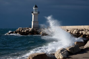 A lighthouse stands on a rocky shore, with waves crashing against the structure under a dramatic, cloudy sky.
