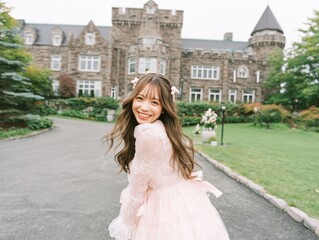 Obraz premium A joyful woman in a pink dress smiles while turning away from a grand stone mansion amidst lush greenery.