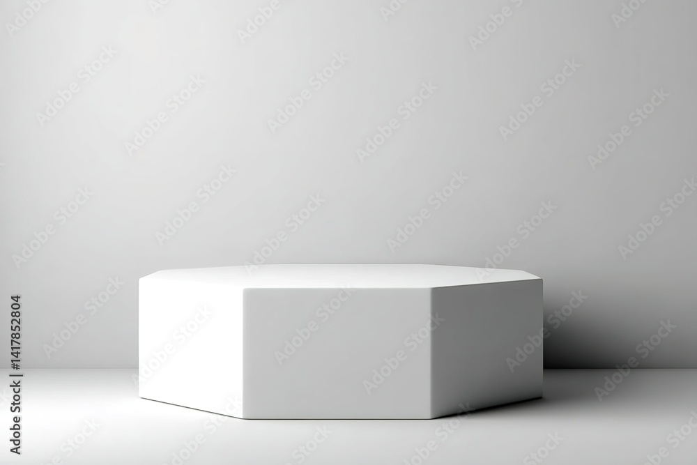 Poster minimalist white hexagonal pedestal in a plain gray room with soft light creating a serene atmospher