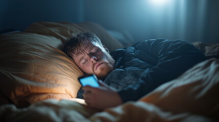 Sleeping man with phone bedroom night