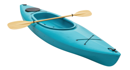 Isolated Turquoise Kayak with Paddle for Water Sport
