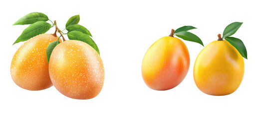 Realistic mangoes with green leaves on a transparent background PNG