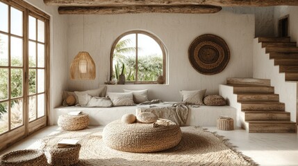Coastal Boho Living Room with Wooden Beams
