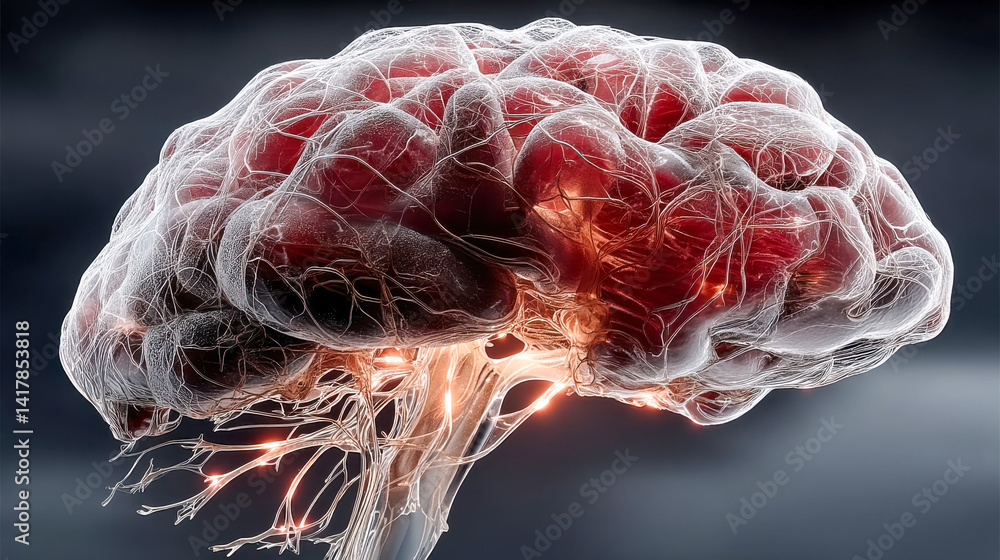Poster hyperrealistic image of a translucent brain with glowing neuron pathways and electric signals, float