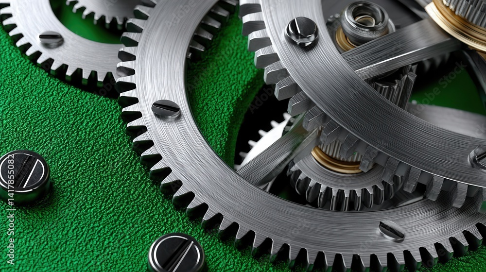 Poster A close up of a set of gears with a green background