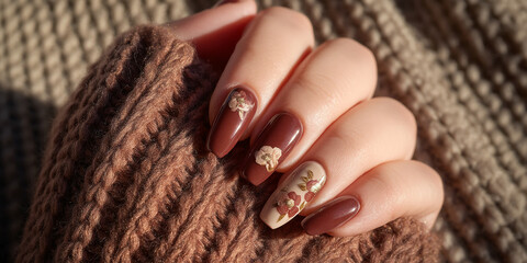 Close-up of a hand with brown nail polish and floral nail art, resting on a brown knitted fabric, showcasing autumnal nail design and cozy texture