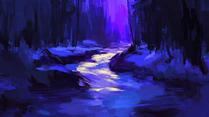 Ethereal moonlit stream meanders through a dark impressionistic forest