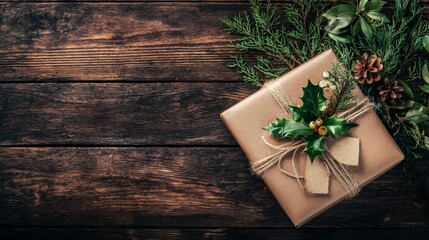 Rustic wooden table with wrapped holiday gift and pine decor