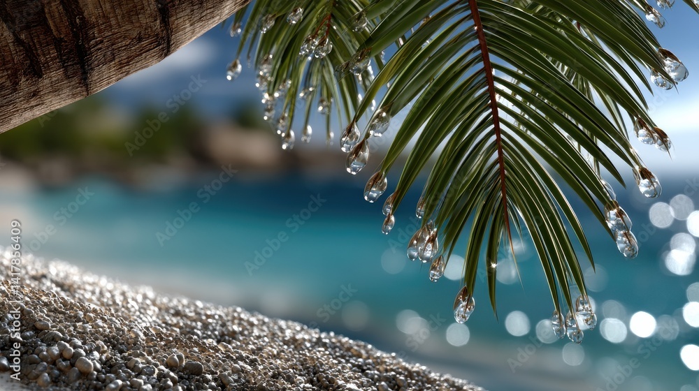 Poster a palm tree with droplets of water on it is in front of a blue ocean