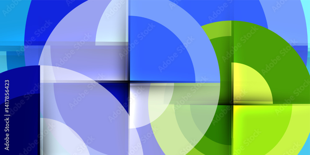 Aufkleber Abstract composition. Overlapping circles, squares create vibrant geometric pattern. Blue, green hues dominate design. Modern aesthetic.