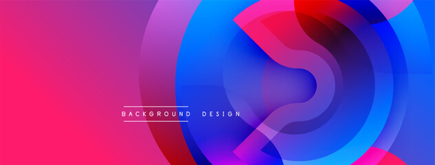 Abstract vibrant circles overlap creating dynamic colorful background. Smooth gradients blend pinks, blues, reds. Modern design element.