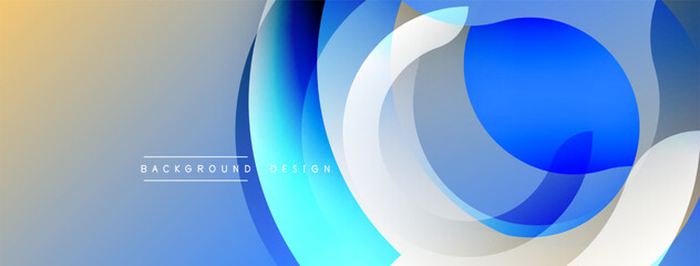 Abstract blue design features layered circles, gradients. Smooth shapes create modern visual effect. Minimalist style, clean composition.